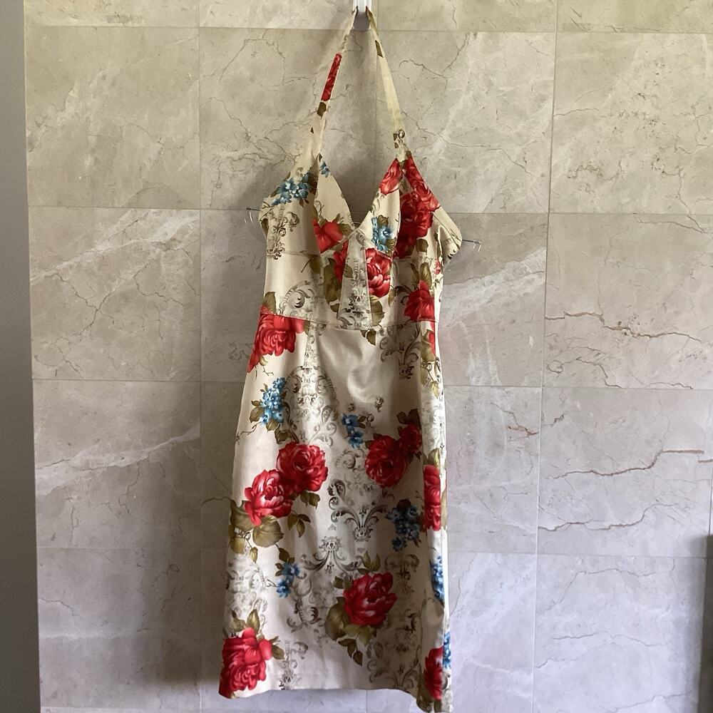 David Meister Halter Dress, Size 10, Beige Floral Cocktail USA Made Vintage Y2K